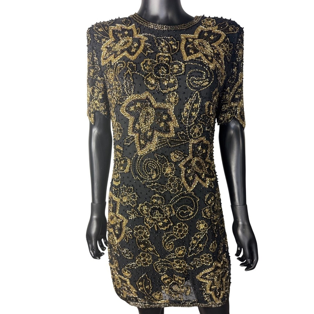 Black Tie Beaded Dress Size 10 Gold Flowers Vintage Cocktail‎ Party